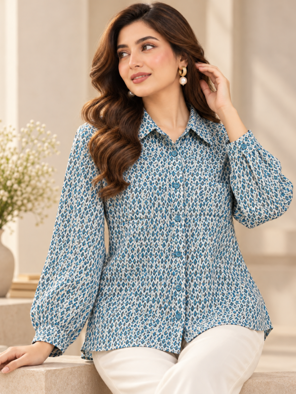 Powder Blue Printed Shirt by Poshiza, view 1