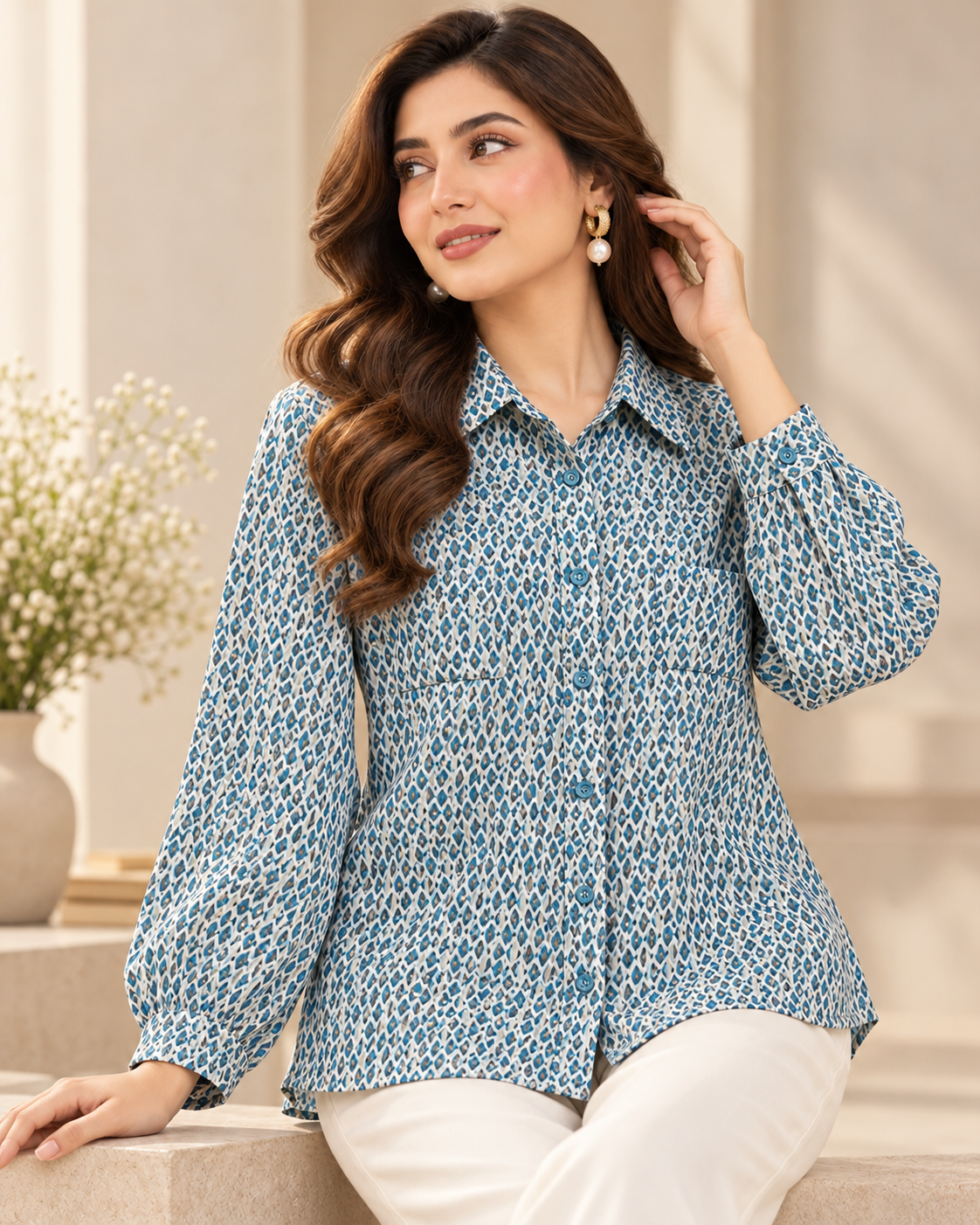 Powder Blue Printed Shirt by Poshiza, view 1