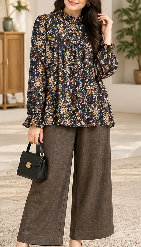 Midnight Floral 2 Piece Set with Brown Trouser by Poshiza, view 1