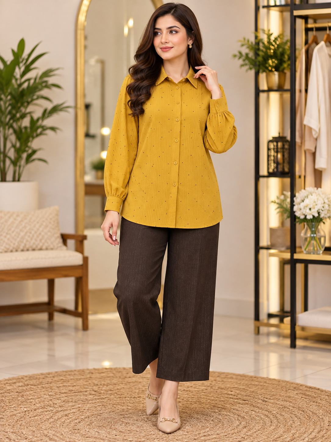 Mustard 2 Piece Set with Dark Brown Trouser by Poshiza, view 1
