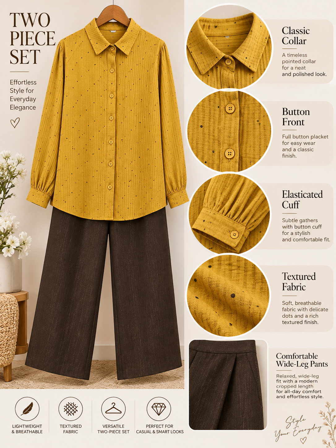 Mustard 2 Piece Set with Dark Brown Trouser by Poshiza, view 2