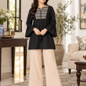 Black Embroidered 2 Piece Set with Beige Trouser by Poshiza, view 1