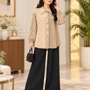 Beige Striped Panel 2 Piece Set with Black Trouser by Poshiza, view 1