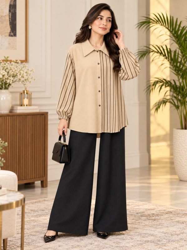 Beige Striped Panel 2 Piece Set with Black Trouser by Poshiza, view 1