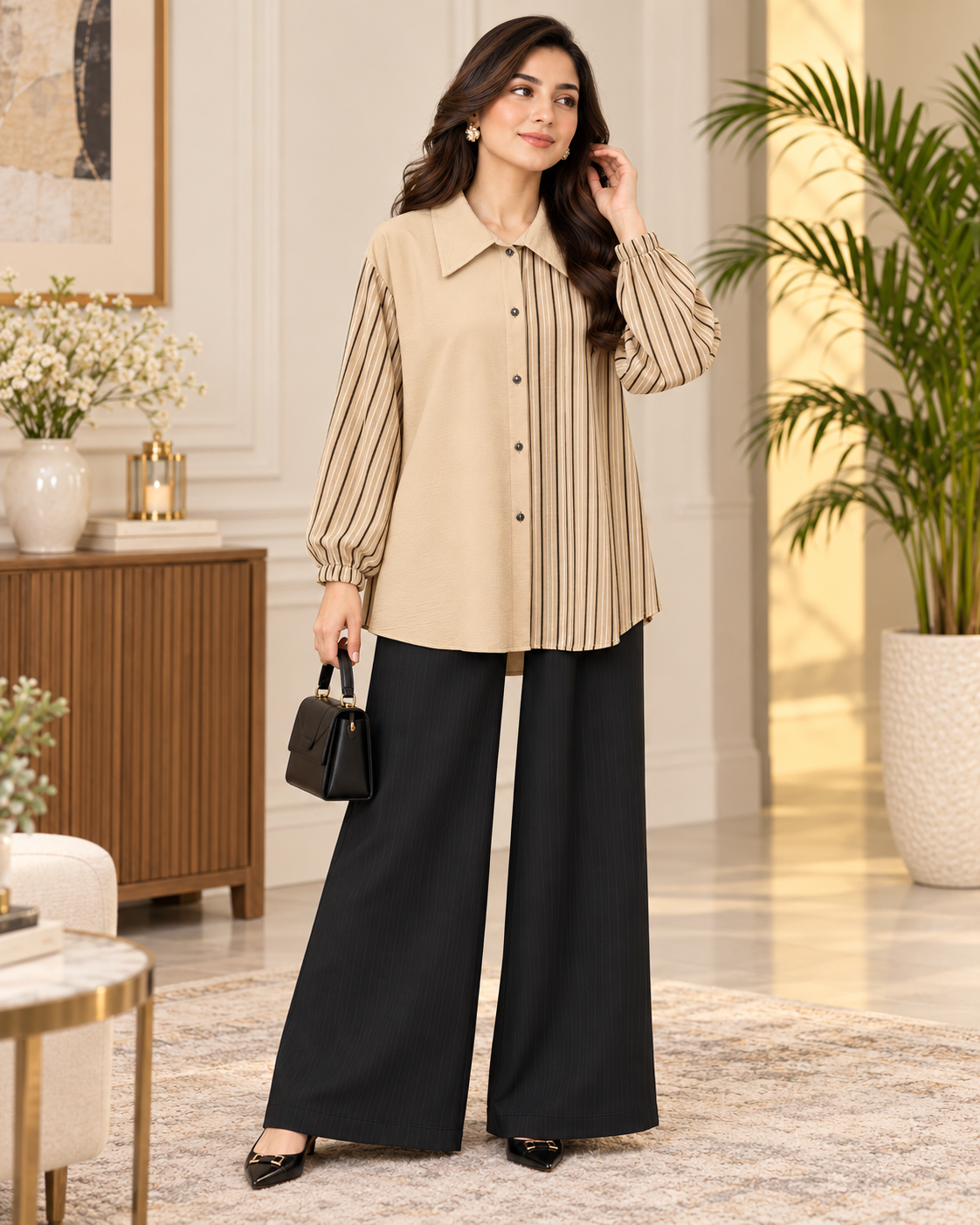 Beige Striped Panel 2 Piece Set with Black Trouser by Poshiza, view 1