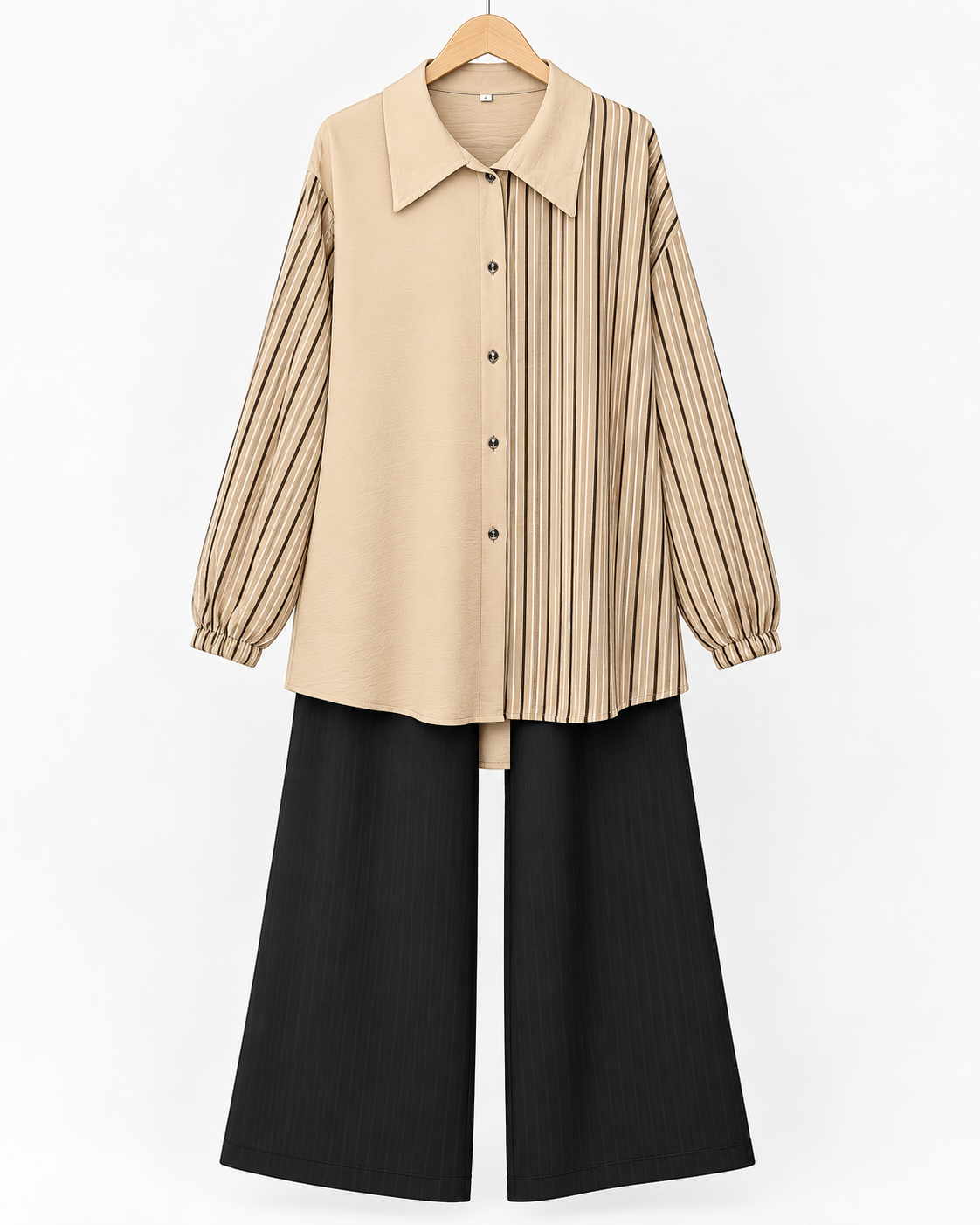 Beige Striped Panel 2 Piece Set with Black Trouser by Poshiza, view 2