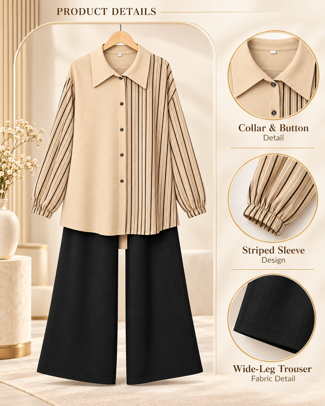 Beige Striped Panel 2 Piece Set with Black Trouser by Poshiza, view 3
