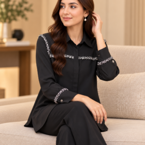Black Embellished Trim Shirt by Poshiza, view 1