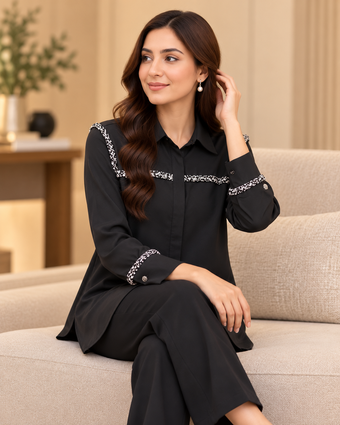 Black Embellished Trim Shirt by Poshiza, view 1