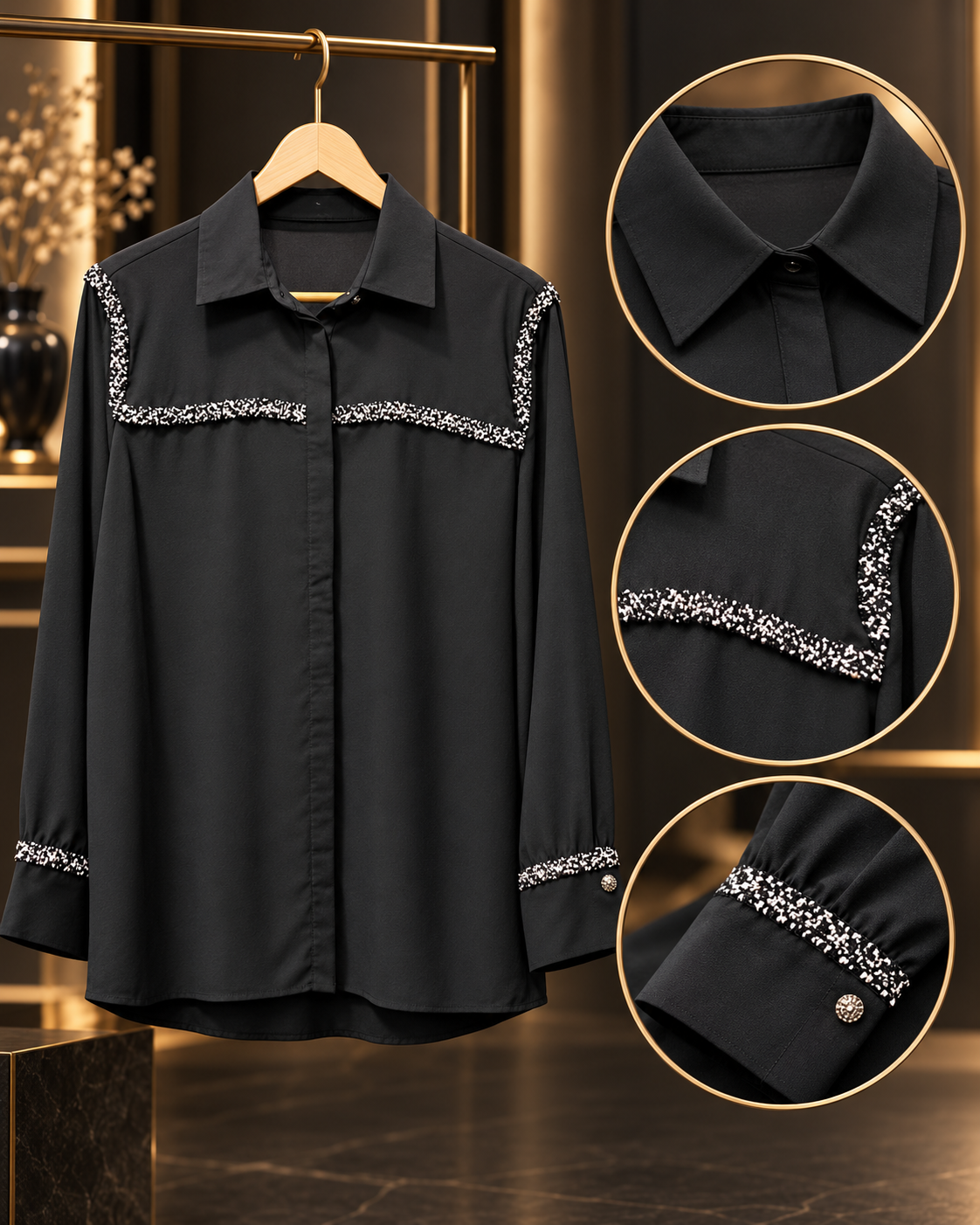 Black Embellished Trim Shirt by Poshiza, view 2