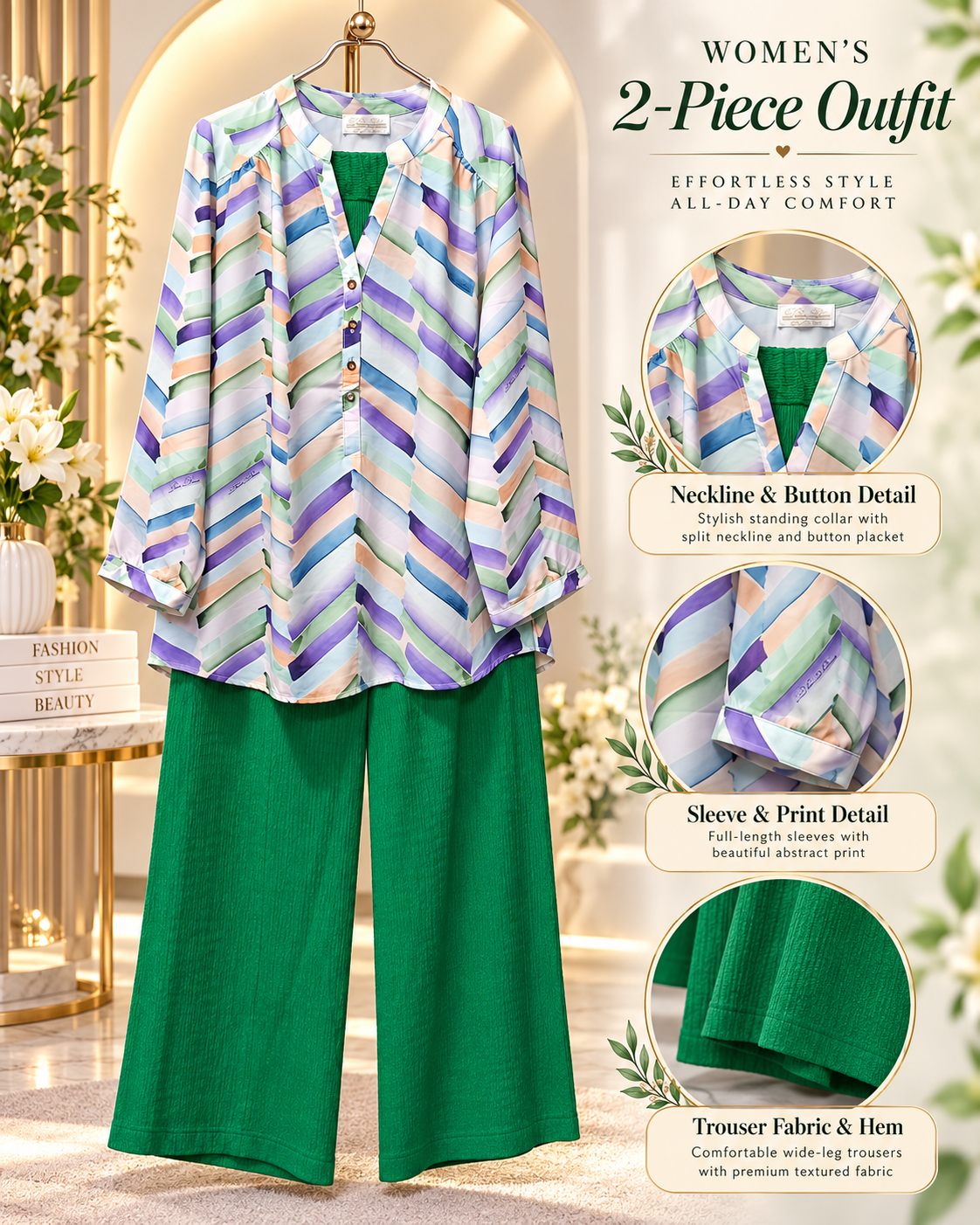 Chevron Print 2 Piece Set with Green Trouser by Poshiza, view 1