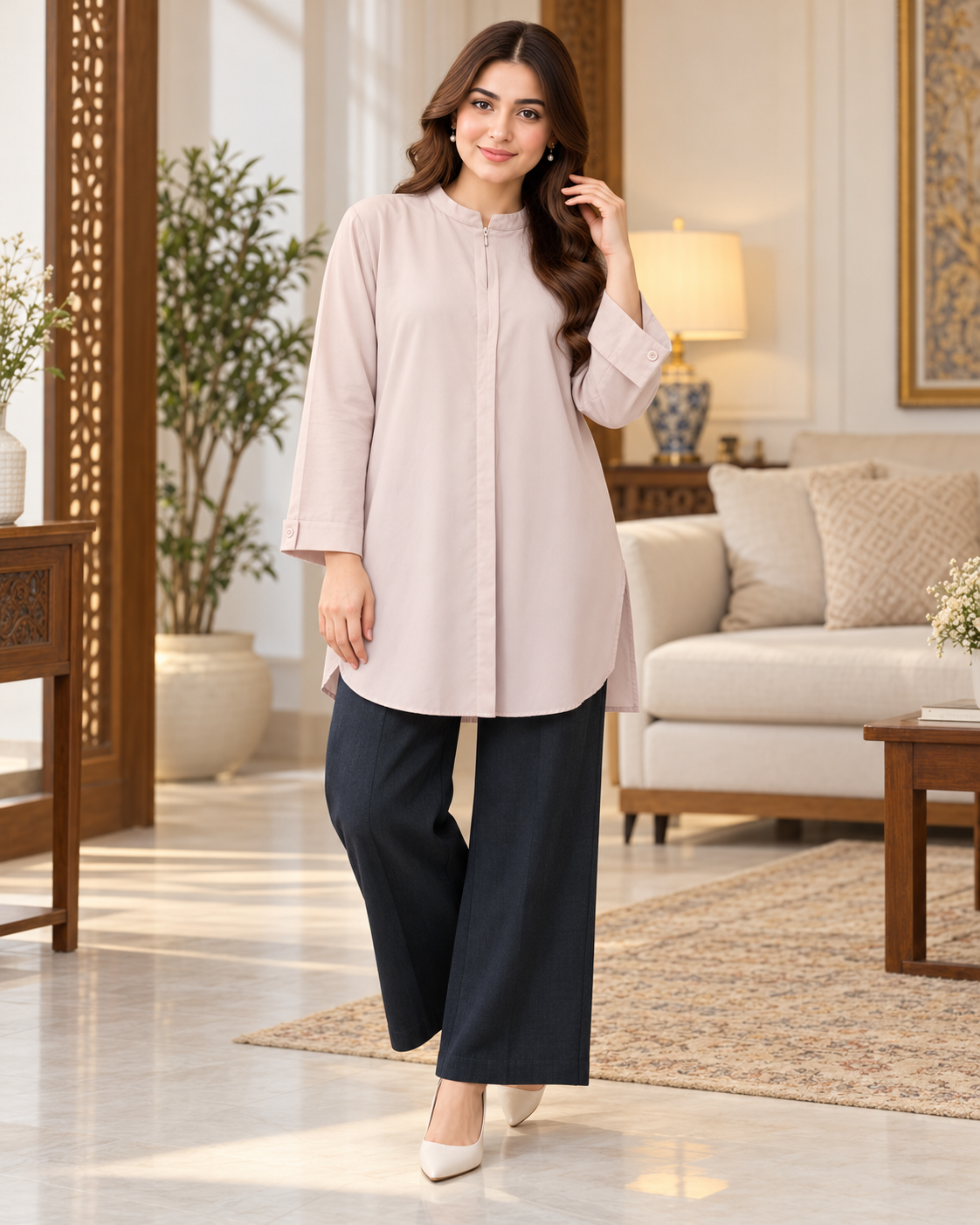 Blush Pink 2 Piece Set with Black Trouser by Poshiza, view 2