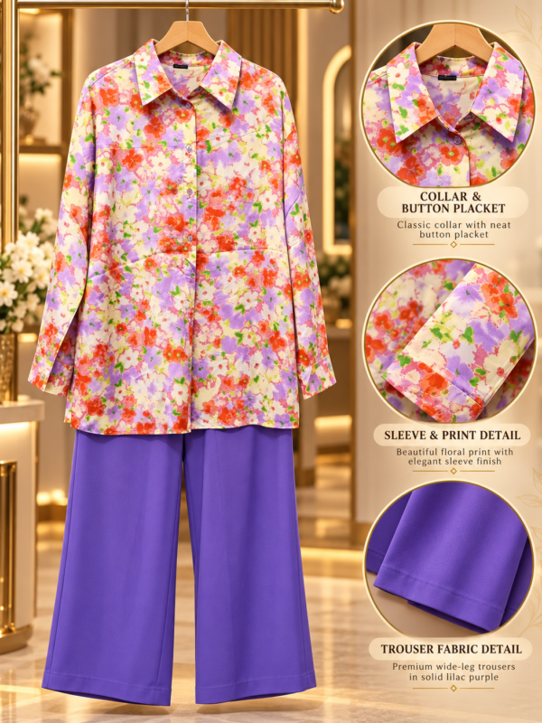 Coral Floral 2 Piece Set with Purple Trouser by Poshiza, view 1