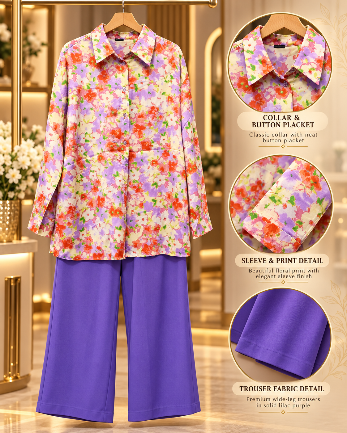 Coral Floral 2 Piece Set with Purple Trouser by Poshiza, view 1