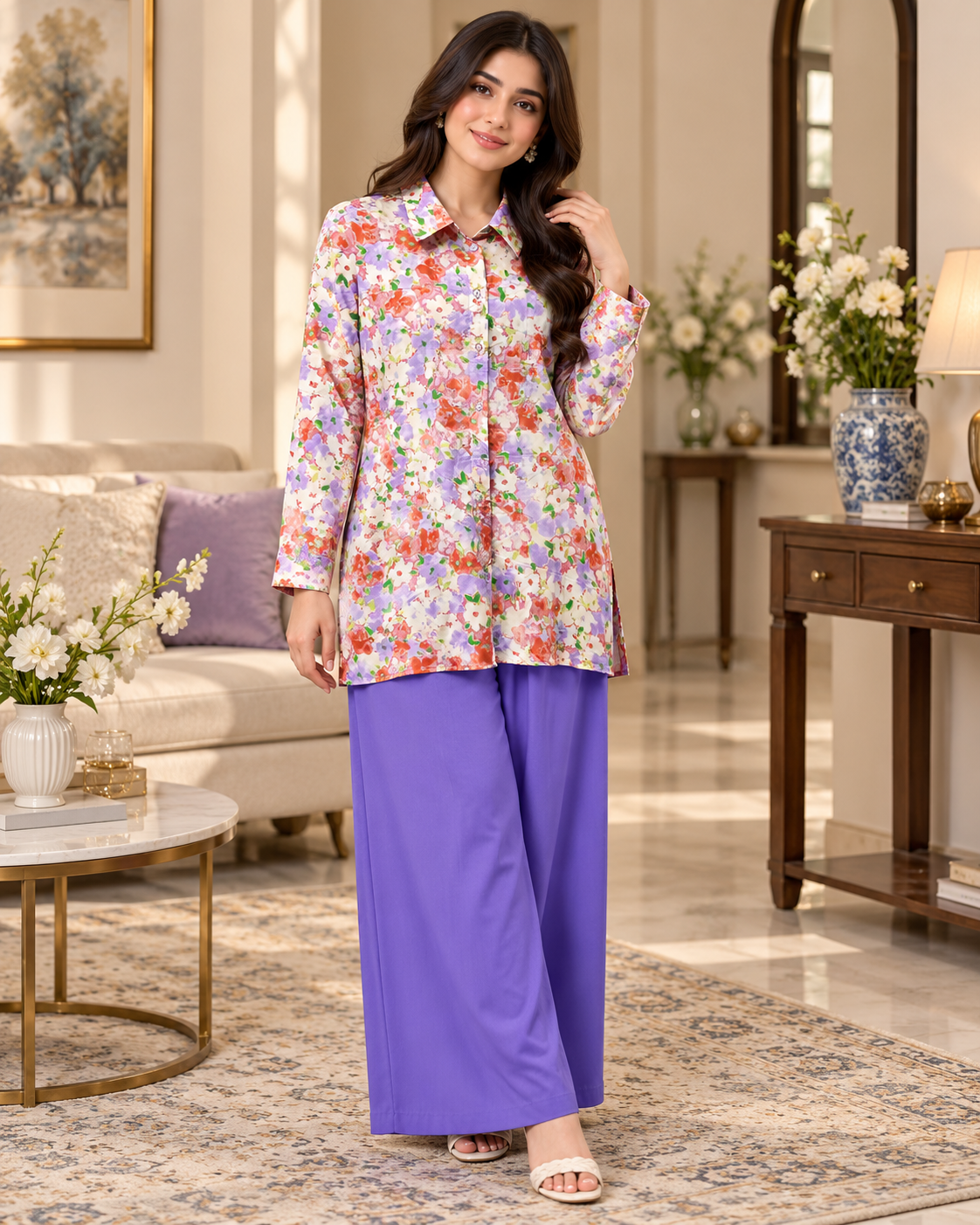 Coral Floral 2 Piece Set with Purple Trouser by Poshiza, view 2