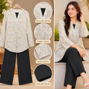 Ivory Print 2 Piece Set with Black Trouser by Poshiza, view 1