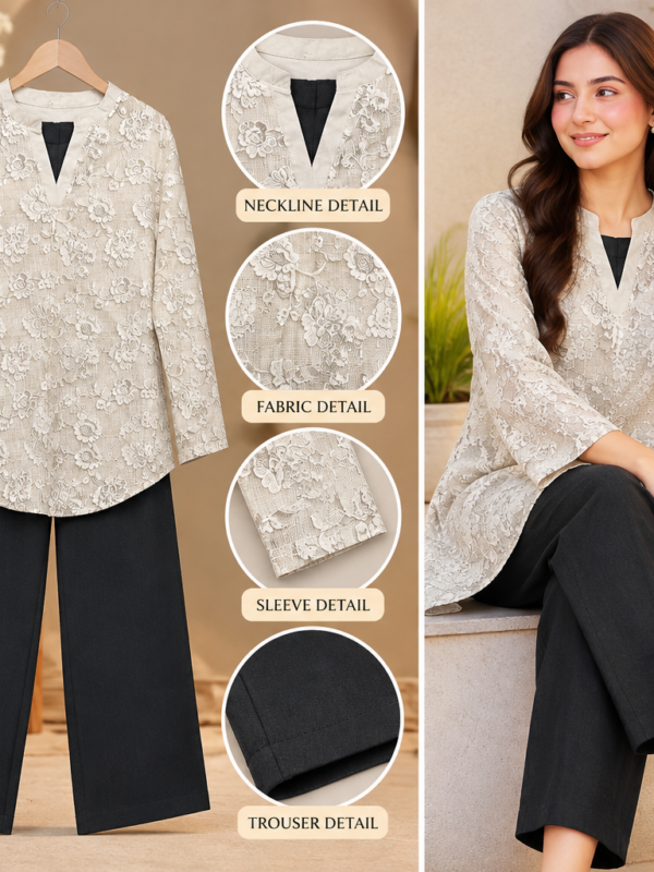Ivory Print 2 Piece Set with Black Trouser by Poshiza, view 1
