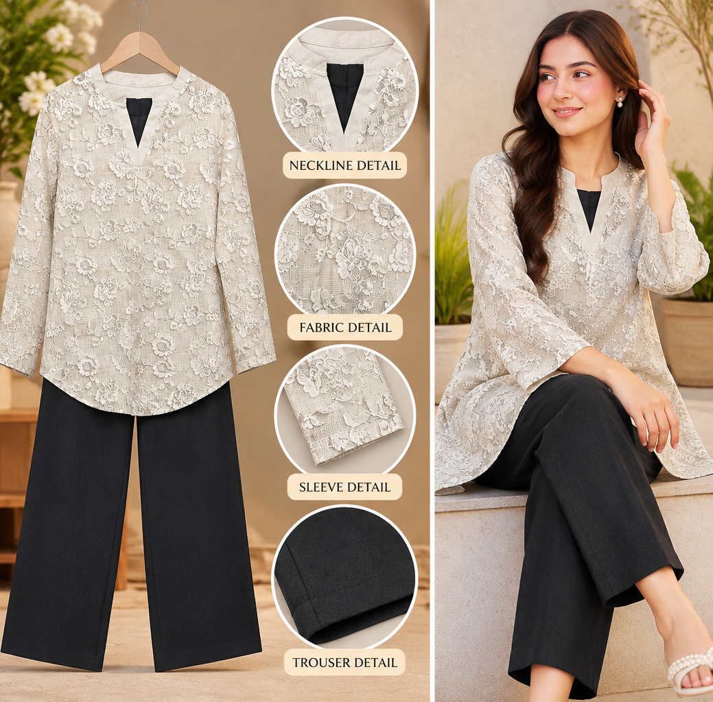 Ivory Print 2 Piece Set with Black Trouser by Poshiza, view 1