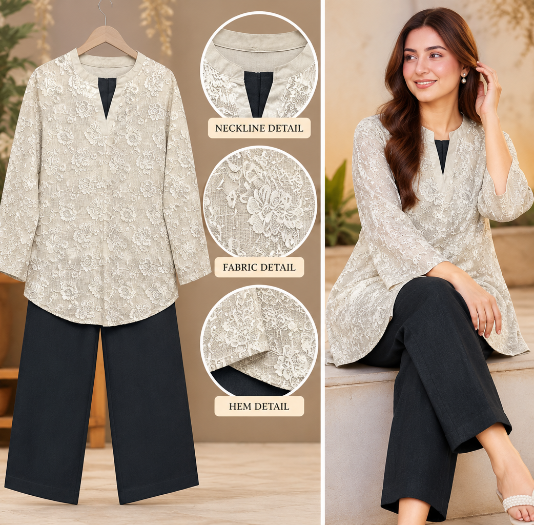 Ivory Print 2 Piece Set with Black Trouser by Poshiza, view 2
