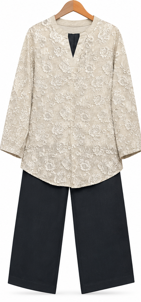 Ivory Print 2 Piece Set with Black Trouser by Poshiza, view 3