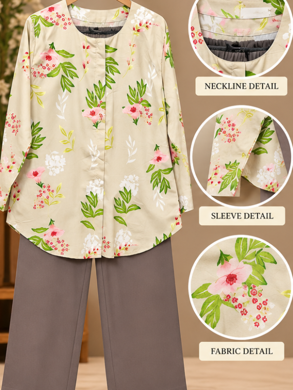 Cream Leaf Print 2 Piece Set with Taupe Trouser by Poshiza, view 1