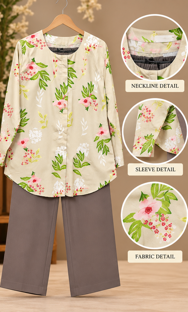 Cream Leaf Print 2 Piece Set with Taupe Trouser by Poshiza, view 1