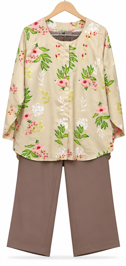 Cream Leaf Print 2 Piece Set with Taupe Trouser by Poshiza, view 3