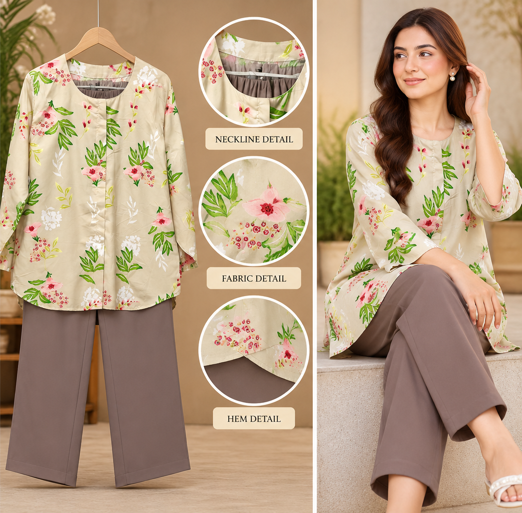 Cream Leaf Print 2 Piece Set with Taupe Trouser by Poshiza, view 4