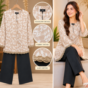 Blush Floral Lace Hem 2 Piece Set with Black Trouser by Poshiza, view 1