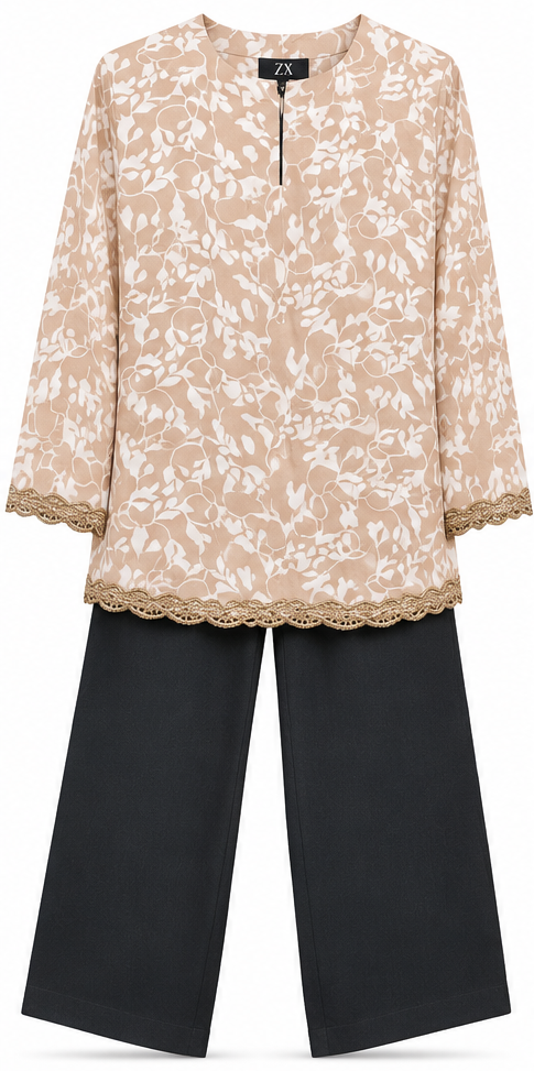 Blush Floral Lace Hem 2 Piece Set with Black Trouser by Poshiza, view 2