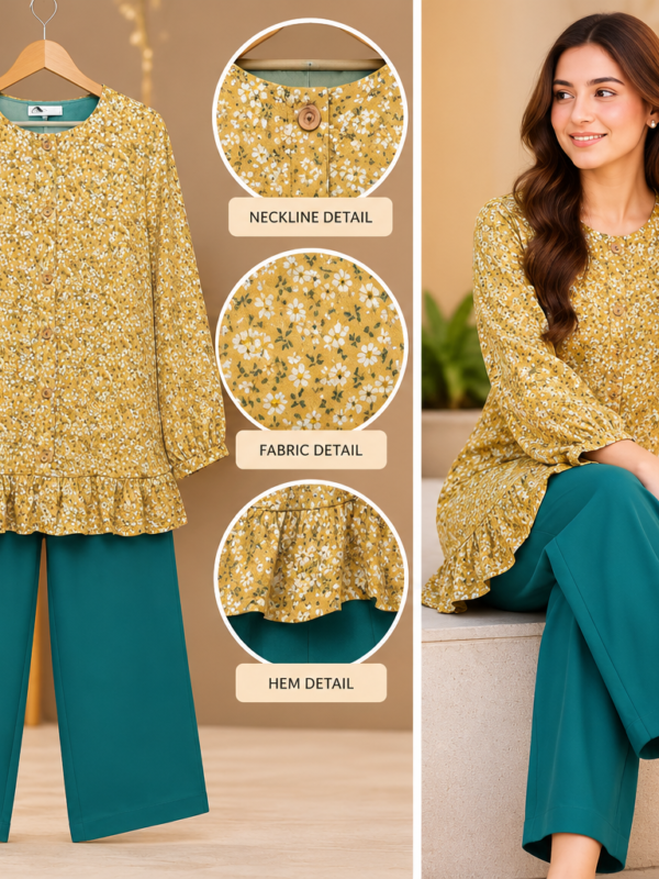 Mustard Frill Hem 2 Piece Set with Teal Trouser by Poshiza, view 1