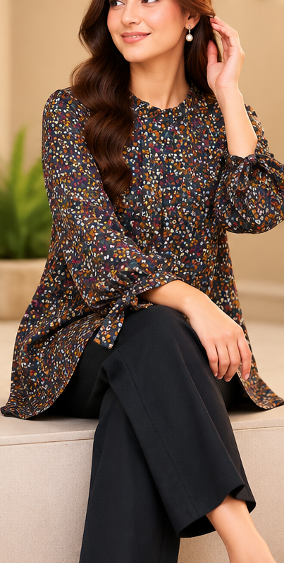 Brown Ditsy Print 2 Piece Set with Black Trouser by Poshiza, view 1