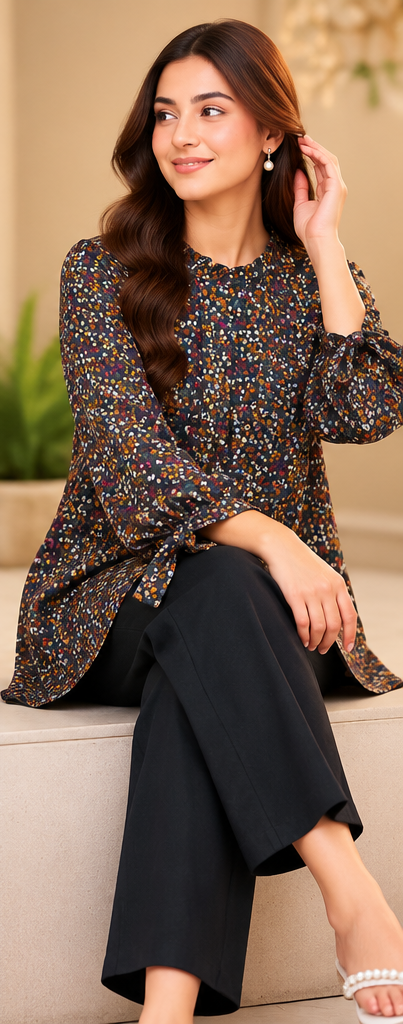 Brown Ditsy Print 2 Piece Set with Black Trouser by Poshiza, view 1