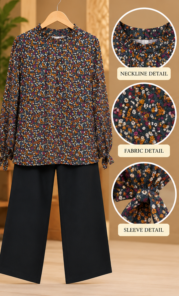 Brown Ditsy Print 2 Piece Set with Black Trouser by Poshiza, view 2