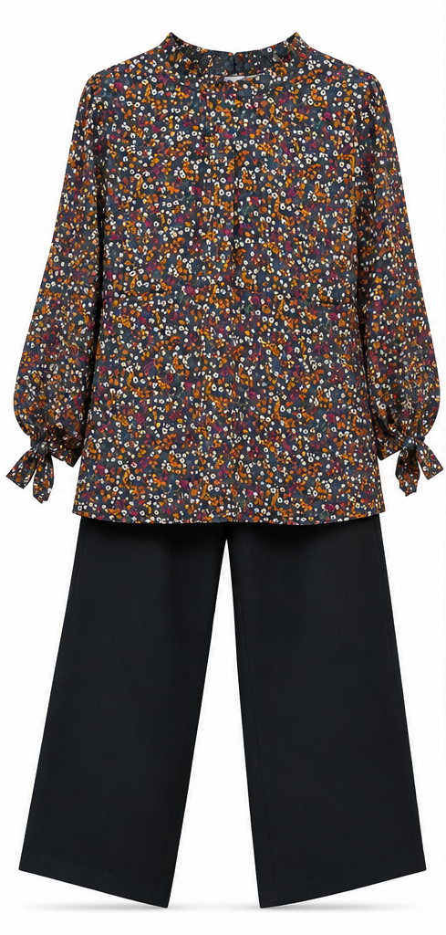 Brown Ditsy Print 2 Piece Set with Black Trouser by Poshiza, view 3