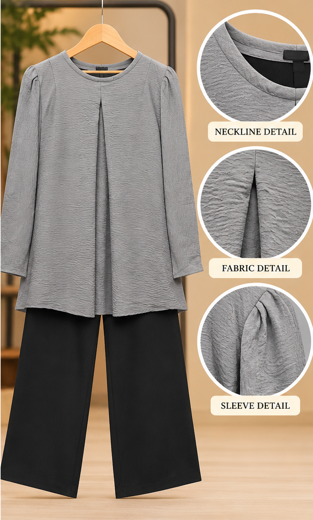 Grey Pleat Front 2 Piece Set with Black Trouser by Poshiza, view 2