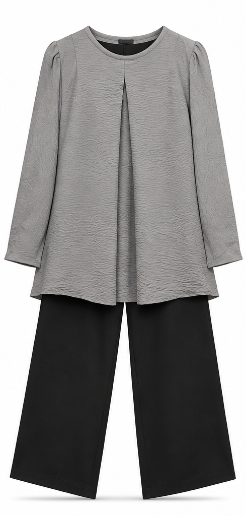 Grey Pleat Front 2 Piece Set with Black Trouser by Poshiza, view 3