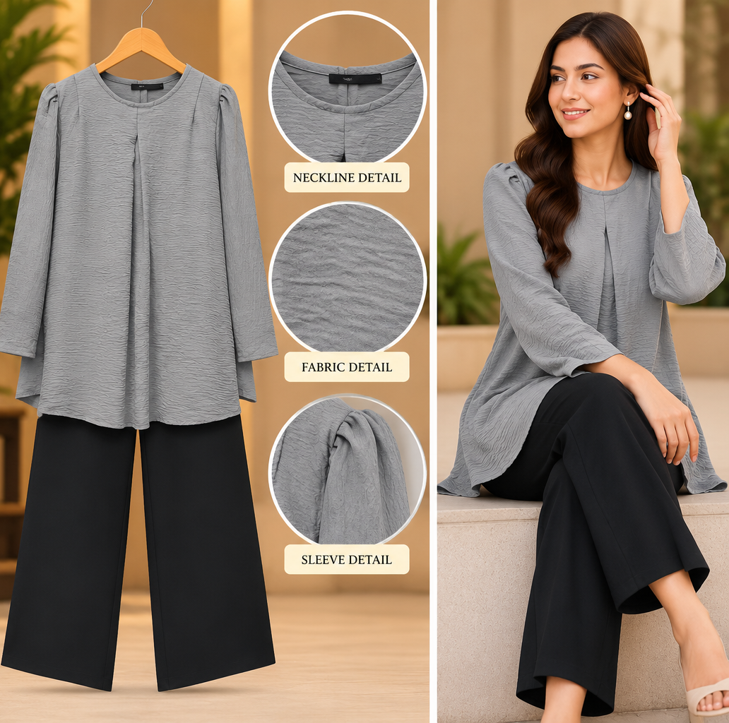 Grey Pleat Front 2 Piece Set with Black Trouser by Poshiza, view 4