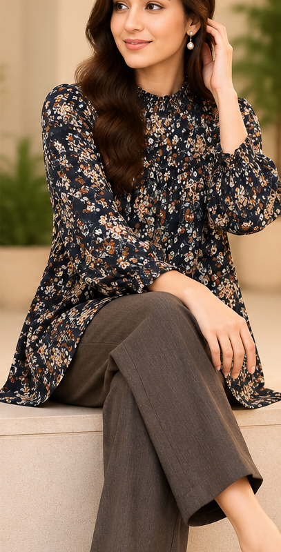 Navy Floral 2 Piece Set with Brown Trouser by Poshiza, view 1