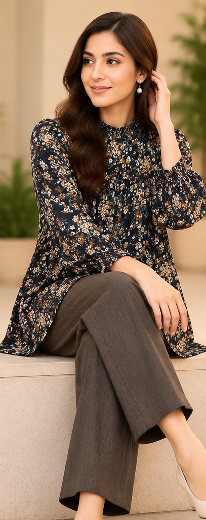 Navy Floral 2 Piece Set with Brown Trouser by Poshiza, view 1