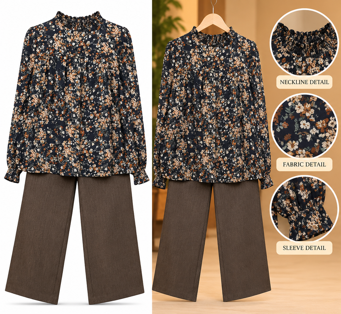 Navy Floral 2 Piece Set with Brown Trouser by Poshiza, view 2