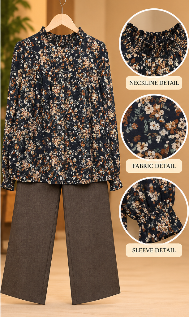 Navy Floral 2 Piece Set with Brown Trouser by Poshiza, view 3