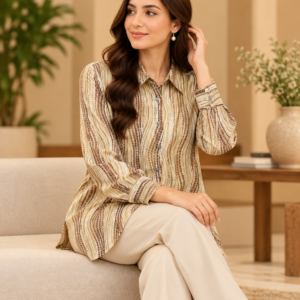 Beige Wave Stripe Shirt by Poshiza, view 1