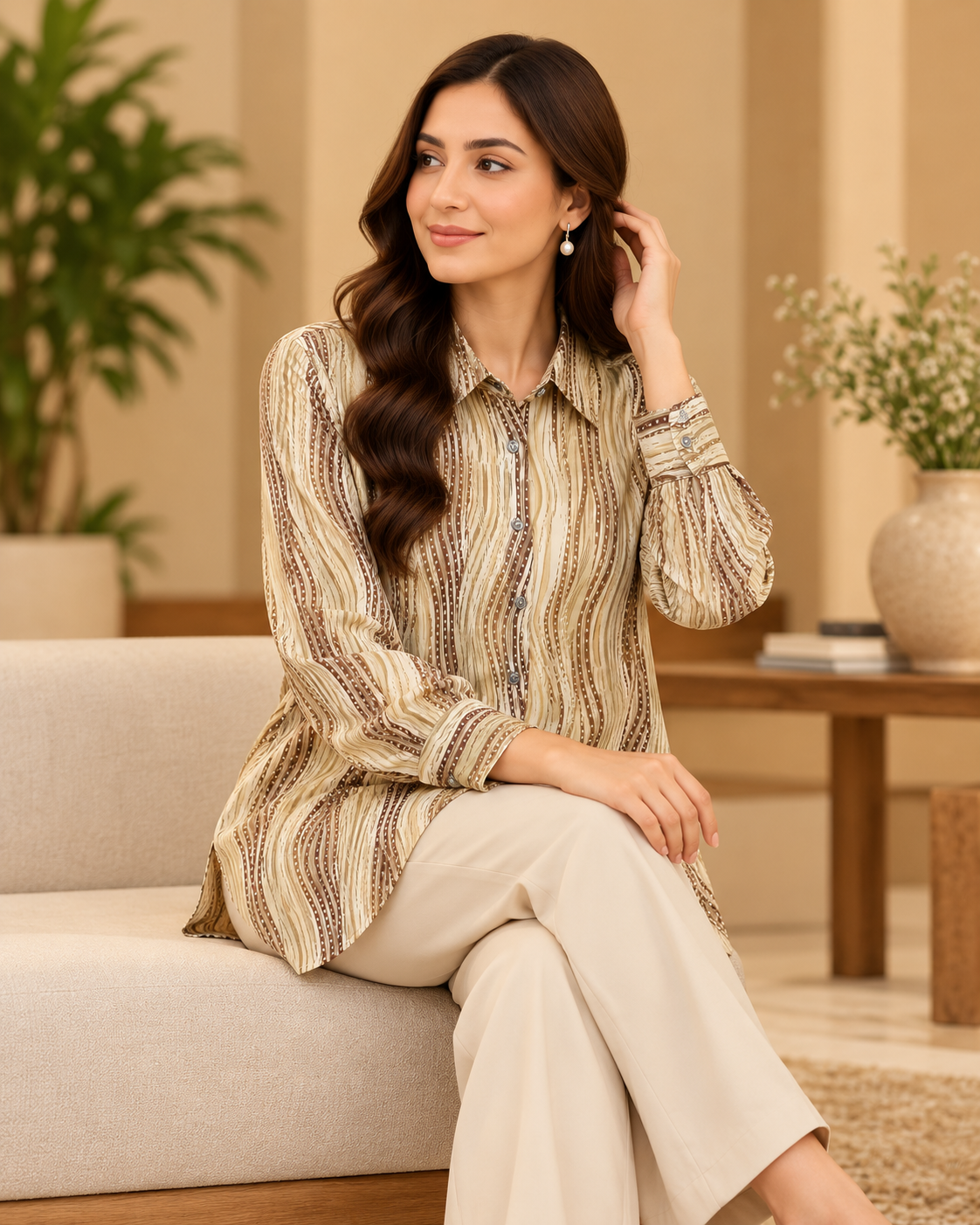 Beige Wave Stripe Shirt by Poshiza, view 1