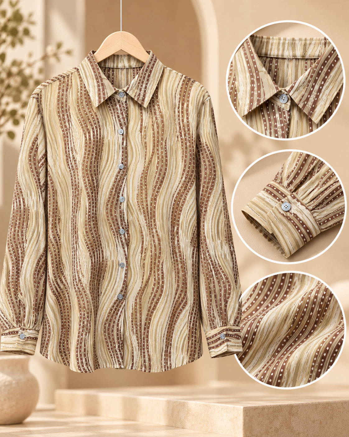 Beige Wave Stripe Shirt by Poshiza, view 2