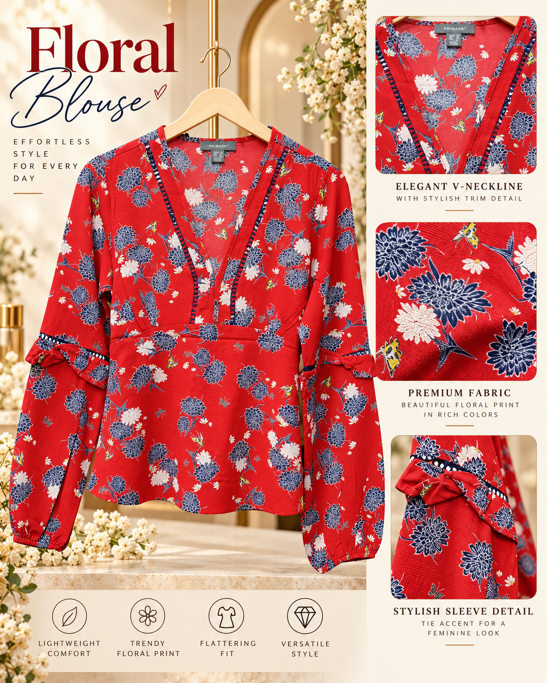 Red Floral Peplum Blouse by Poshiza, view 3
