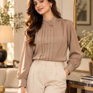 Taupe Pleated Blouse by Poshiza, view 1