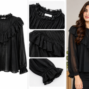 Black Ruffle Chiffon Blouse by Poshiza, view 1