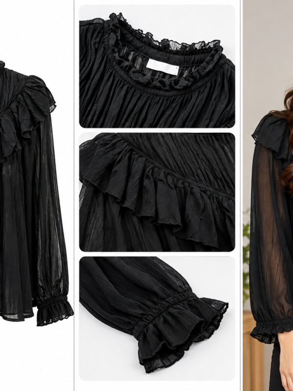 Black Ruffle Chiffon Blouse by Poshiza, view 1