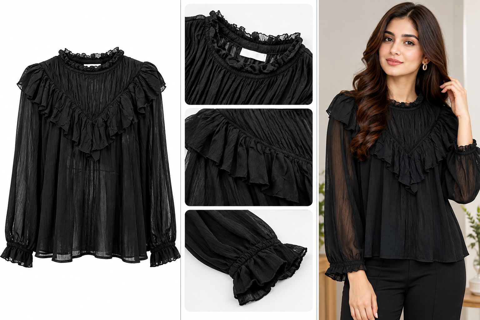 Black Ruffle Chiffon Blouse by Poshiza, view 1